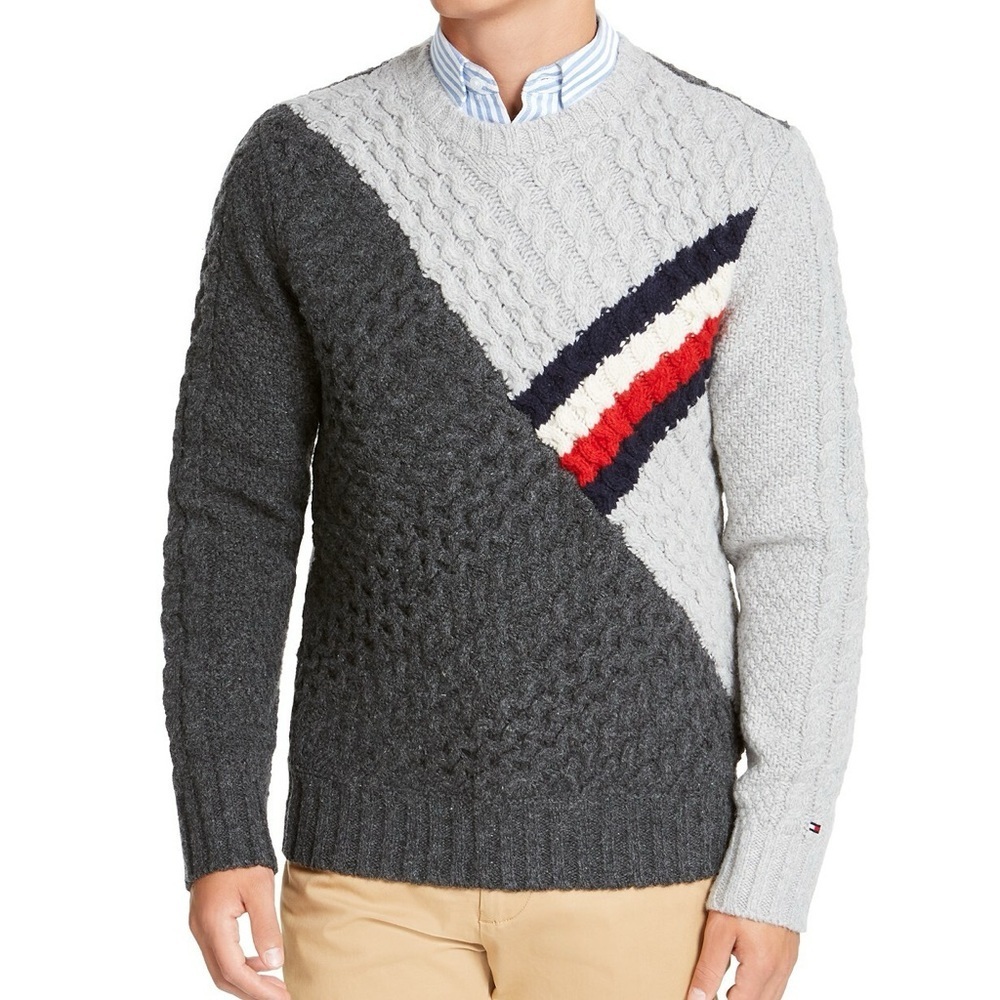 Tommy Hilfiger Lambswool Cable Knit Colorblock Sweater 3XL Gray Back to School